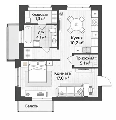 1-комнатная 37,72 м²